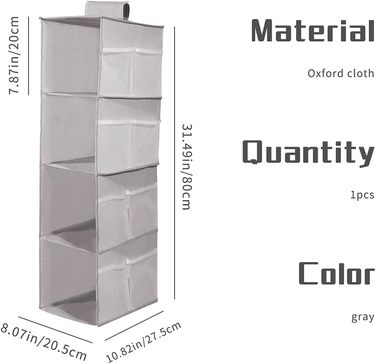 Настінна полиця-органайзер для шафи, сіра, 4 відділення, 12 кишень, 30x22.5x80 см