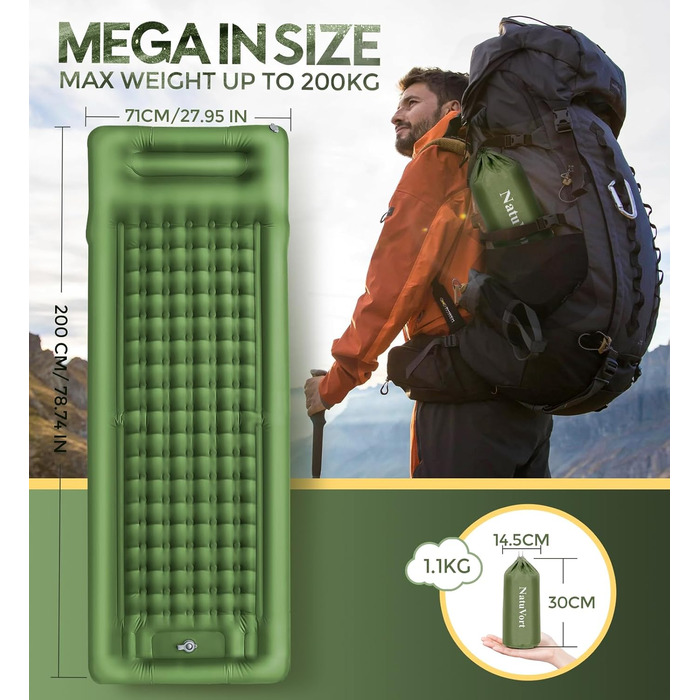 Надувний килимок Isomatte самонадувний, для кемпінгу та відпочинку на природі (оливковий, одинарний)
