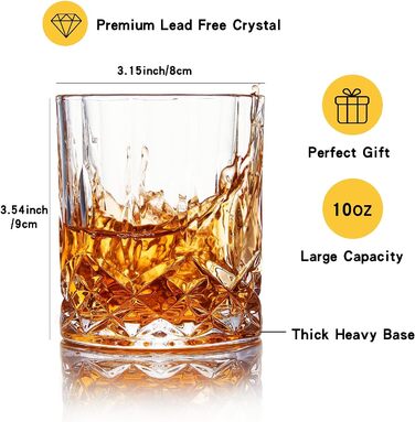 Набір склянок для віскі GLASKEY 4 шт., 320 мл, без свинцю, кришталь, для коктейлів, рому, горілки, скотчу, джину, коньяку, води, віскі, важке дно, подарунковий набір для чоловіків, батька, брата