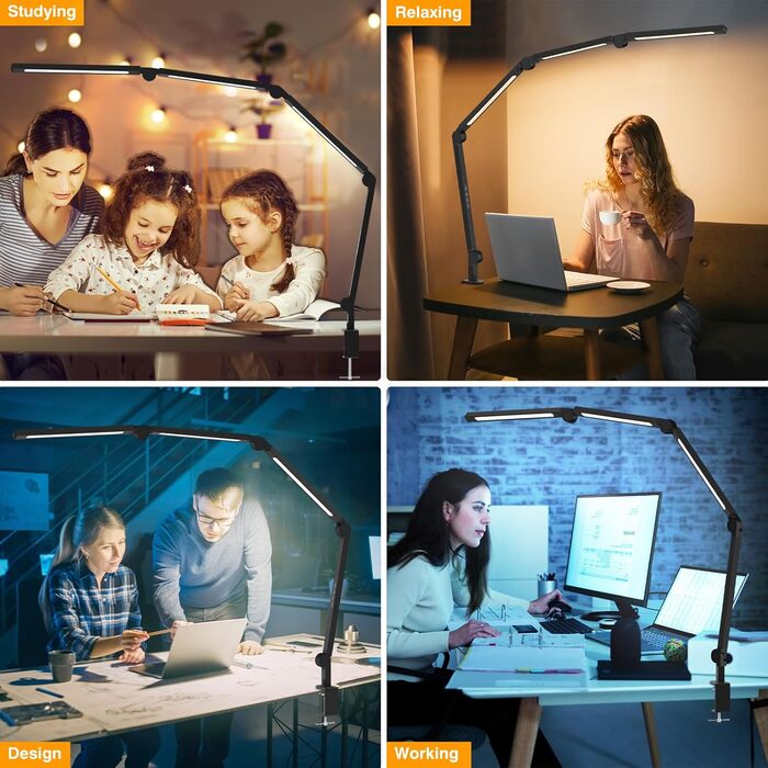 LED лампа для столу AILBTON з кліпсою, гнучка 4-секційна з 3 джерелами світла, 4 колірні температури та 5 рівнів яскравості, захист очей для дому та офісу