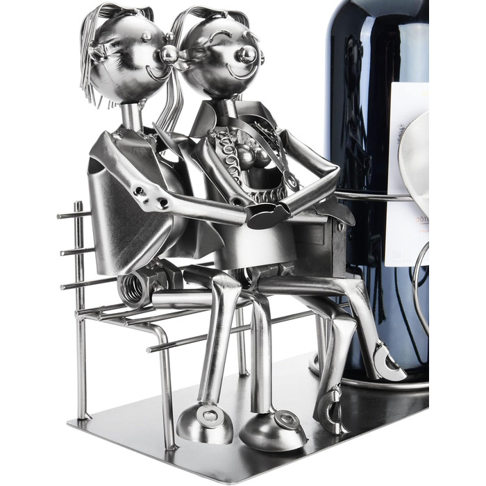 BRUBAKER Bottle Holder Men Loving Couple on Bench - Wine Bottle Holder Silver - Metal Bottle Stand Love - Metal Sculpture Gift for Married Couples with Gift Card (Woman + Man)
