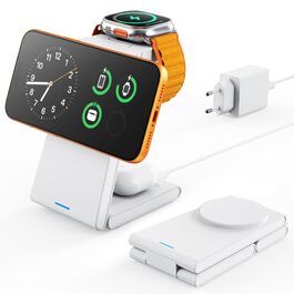 Складана зарядна станція GEEKERA 3-в-1 для iPhone 17/16/15/14/13/12, Apple Watch та AirPods, MagSafe сумісна, біла