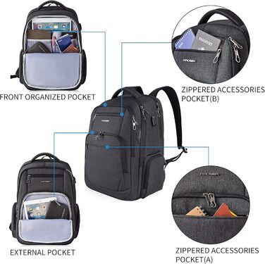 Рюкзак для ноутбука KROSER 17.3'' - бізнес, шкільний, для подорожей. З USB та RFID-кишенями (чорний)