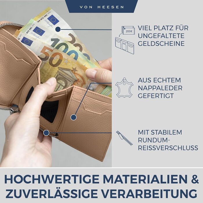 VON HEESEN Leather Wallet with RFID Blocker - Wallet for Women & Men made of Genuine Leather - Wallet with Coin Pocket - Purse for Women and Men in Rose