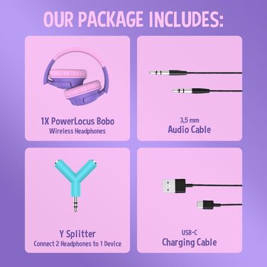 Дитячі навушники PowerLocus Bobo Bluetooth з обмеженням гучності, LED-підсвічуванням, складні, з мікрофоном (фіолетовий)