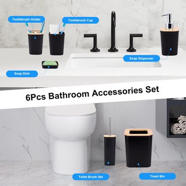 Bathroom Accessories Set - 6Pcs Bathroom Accessories Set made of Bamboo, Lotion Bottles, Toothbrush Holder, Tooth Cup, Soap Dish, Toilet Brush, Waste Bin