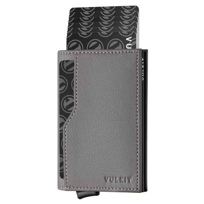 Кредитне портмоне VULKIT з двома віконцями для ID, RFID-захистом, автоматичне відкривання, шкіряне, сірий колір