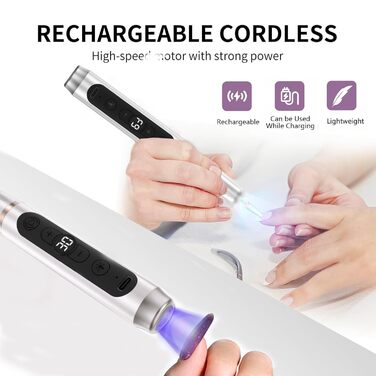 Портативний фрезер для нігтів бездротовий 12 в 1 Професійний електричний набір для манікюру та педикюру USB, перезаряжається, 9 швидкостей, 20000 об/хв, срібний