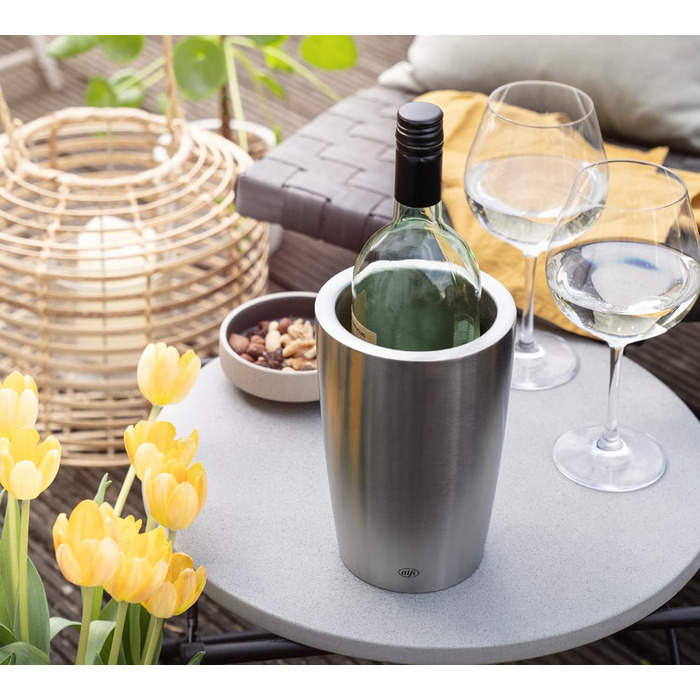 alfi SECCO, stainless steel bottle cooler for 0.70 to 1L bottles, wine, sparkling wine. Keeps drinks cool without condensation or ice cubes, ensuring chilled drinks to the last drop. Dishwasher-safe, BPA-free.