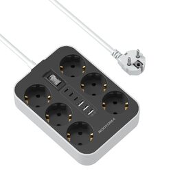 Мережевий фільтр 6-фазний з USB (3 USB-A, 3 USB-C), настінний, з вимикачем та кабелем 2м, захист від перенапруги, чорний