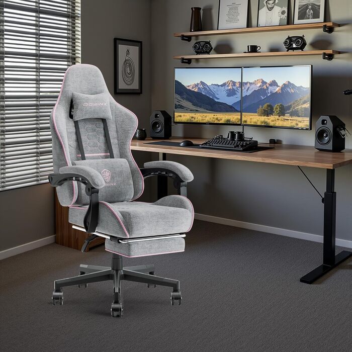 Ігровий крісло Dowinx з підголівником та підставкою для ніг, ергономічний офісний крісло з масажем, тканинний (Сірий & Рожевий)