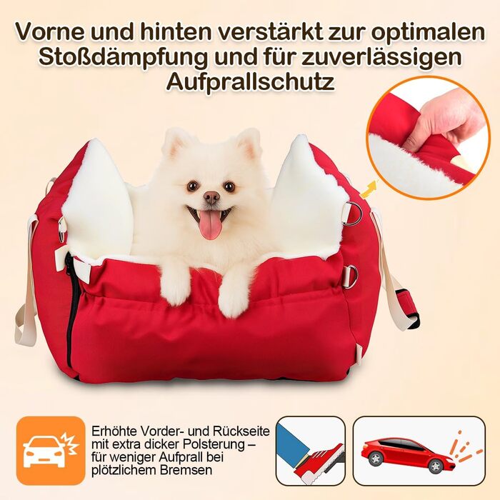 Автокрісло для собак 3-в-1 – переносна лежанка для маленьких собак, з м'яким матрацом, для переднього або заднього сидіння, внутрішнє та зовнішнє використання (червоний)