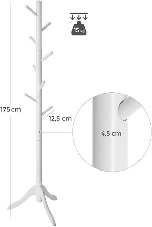 VASAGLE Coat Rack, Solid Wood Clothes Rack, Coat Stand with 8 Hooks, Tree Shape, 3 Adjustable Heights, for Coats, Jackets, Bags, for Entryway, Bedroom, RCR01GY (White)