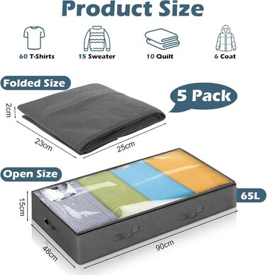 5 шт. Комод під ліжко Withosent 90L, Коробка для зберігання під ліжко з фетру, Складана сумка для зберігання одягу, постільної білизни, ковдр, подушок (5 шт./90L)