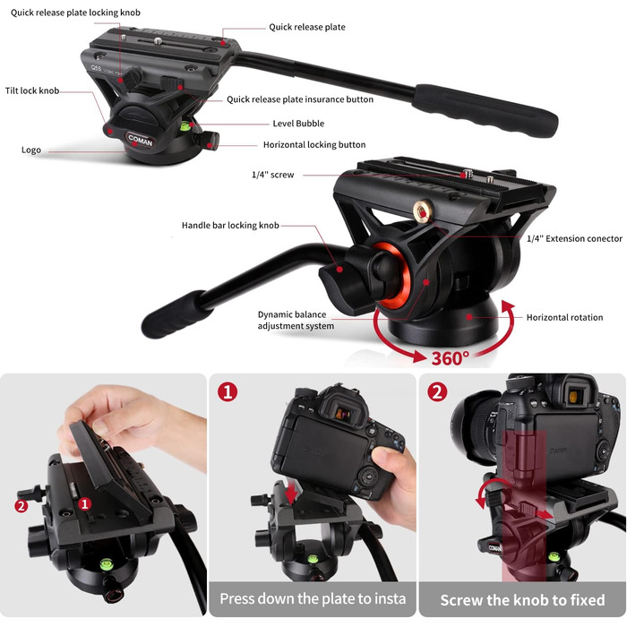 Штатив для камери COMAN 186 см з алюмінію - тринога з поворотним кріпленням 360° та нахилом ±90°, відеоштатив, сумісний з DJI Rs, Manfrotto, максимальне навантаження 10 кг (Q5)