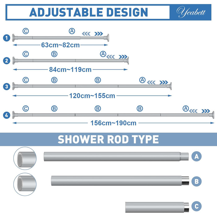 Штанга для штор без свердління, 48-119.4 см, телескопічна штанга для душу, кріпильна штанга для штор, штанга для завіс (48-190.5 см, 1 шт., сіра)