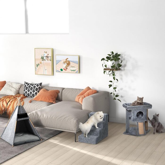PawHut 4-Step Dog Stairs, 35cm Cat Stairs for Bed and Sofa, Pet Stairs for Dogs and Cats up to 5 kg, Plush Appearance (60L x 35W x 44H cm, Light Grey)