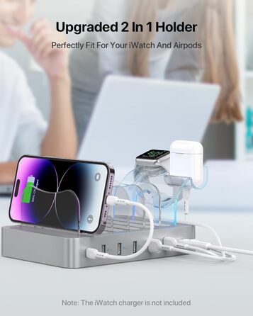 Зарядна станція SooPii USB 60W/12A з 6 портами, органайзер для декількох пристроїв з тримачем для Apple Watch, 6 кабелів в комплекті (срібло)