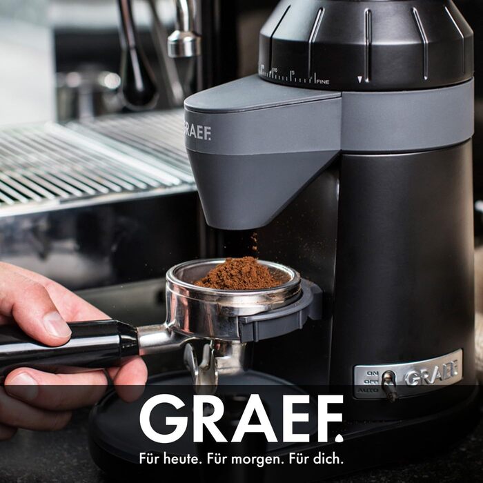 Електрична кавомолка GRAEF CM802 з алюмінієвим корпусом, контейнер для зерен 350г, жернова система з нержавіючої сталі, 40 ступенів помелу, для еспресо, антистатичний вставка, алюмінієве лопатечкове колесо, 128 Вт, чорний колір
