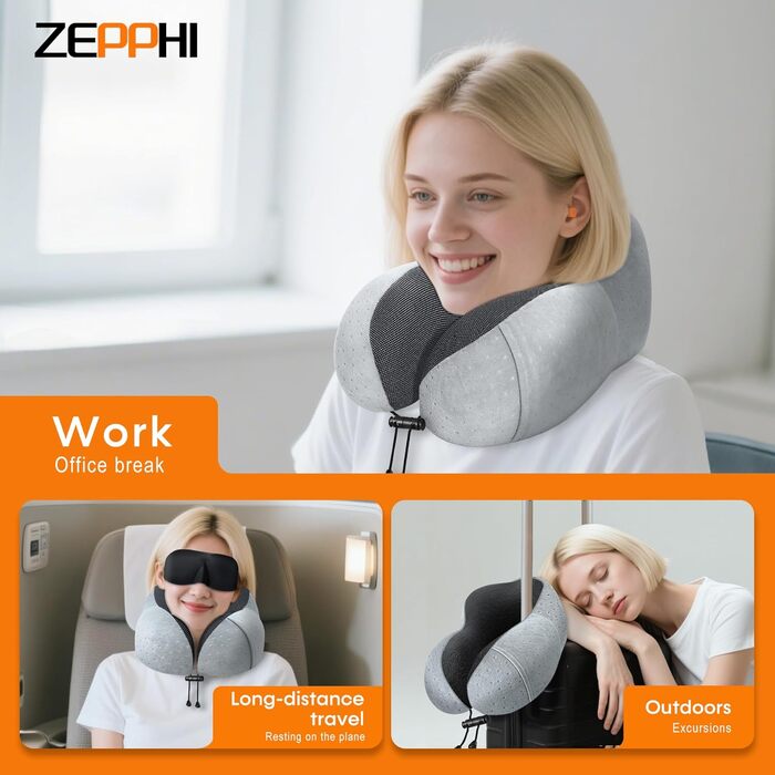 Подушка для шиї у літак - подушка для подорожей з регулюванням Memory Foam - подушка-вишенка з м'яким, дихаючим чохлом - ідеально для кемпінгу, офісу, авто, літака, подушка для сну (Сірий)