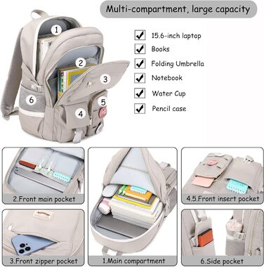 Makukke Rucksack Women's - School Backpack Girls Teenagers, Cute Anime Bookbag Women Casual Daypack Anti-Theft Backpacks for University Travel Leisure Work (Gray)