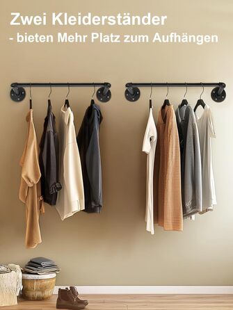 Wall-Mounted Clothes Rack, Pipe Clothes Rail, Industrial Style Wall Hangers, Detachable Metal Clothes Rods, Coat Rack, Bedroom for Hallways, Living Room, Bedroom (50cm - 2PCS)