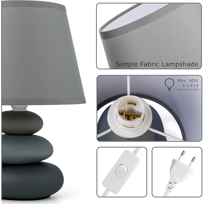 Нічна лампа 'Ліна' - керамічна настільна лампа з тканинним абажуром, сумісна з LED, E14, 230V (Сірий/Матовий)