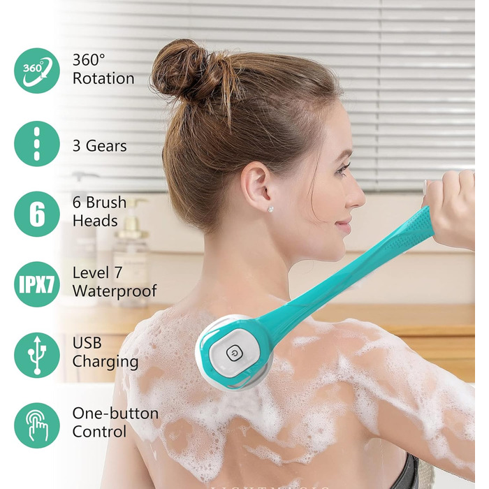 Electric Shower Brush, Body Brush Electric Back Scrubber with Long Handle, Back Brush Shower Massage Brush with 6 Cleaning Heads, Bath Brush for Spa Shower Peeling Massage Brush (Blue)