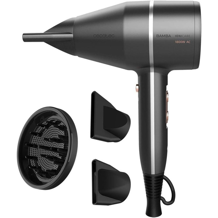 Фен Cecotec Bamba IoniCare Harmony, 2600W, регулювання температури та швидкості, технологія HairCare, іонізація, 1.8 м, 2 насадки, холодний струмінь (чорний, компактний)