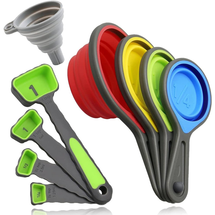 leepiya Measuring Cup and Spoon Set, Folding Measuring Cups, 8-Piece Measuring Tool, Engraved Metric / US Markings for Liquid and Dry Measurement, Space-Saving, BPA-Free Silicone