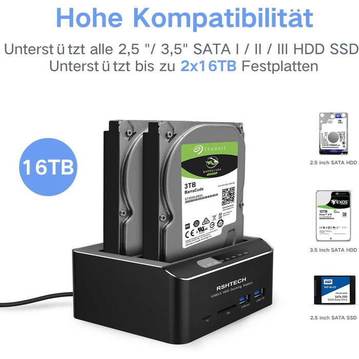 Док-станція для жорстких дисків RSHTECH з двома відсіками, USB 3.0, алюміній, підтримка 2.5/3.5
