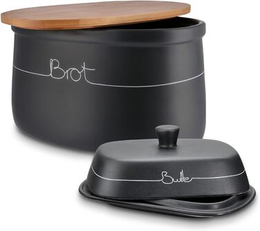 Набір контейнерів для зберігання KHG для кухні антрацитово-сірого кольору з дерев'яною кришкою, контейнери для продуктів з кераміки, з маркуванням, набір органайзерів для кухні, без пластику та світлонепроникні (хлібниця та маслобниця)