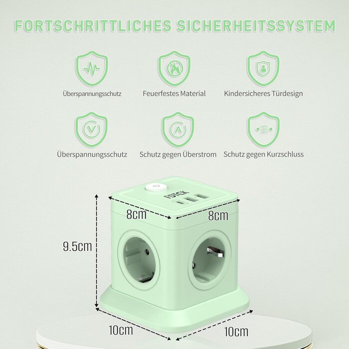 Мережевий адаптер FDTEK 7-в-1 з USB-C та USB-A, 4 розетки, 2500W/10A, куб з вимикачем, 1.8м кабель