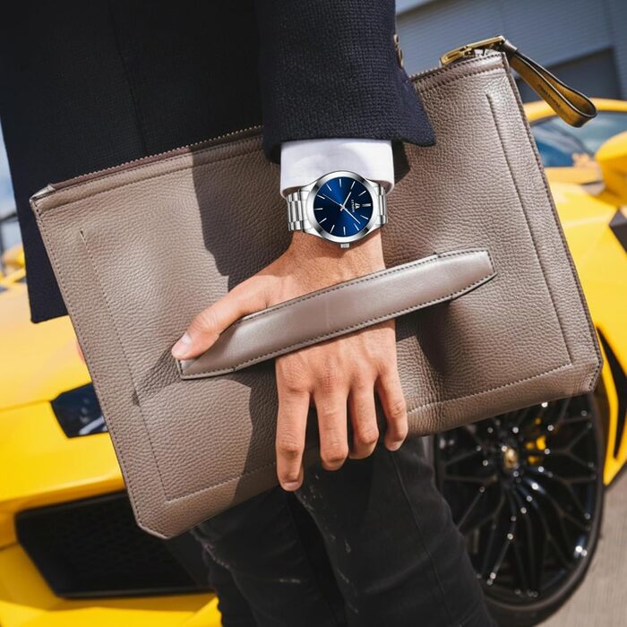 Годинник чоловічий LENQIN, водонепроникний, з нержавіючої сталі, кварцовий, аналоговий, з сапфіровим склом (Argent Bleu)