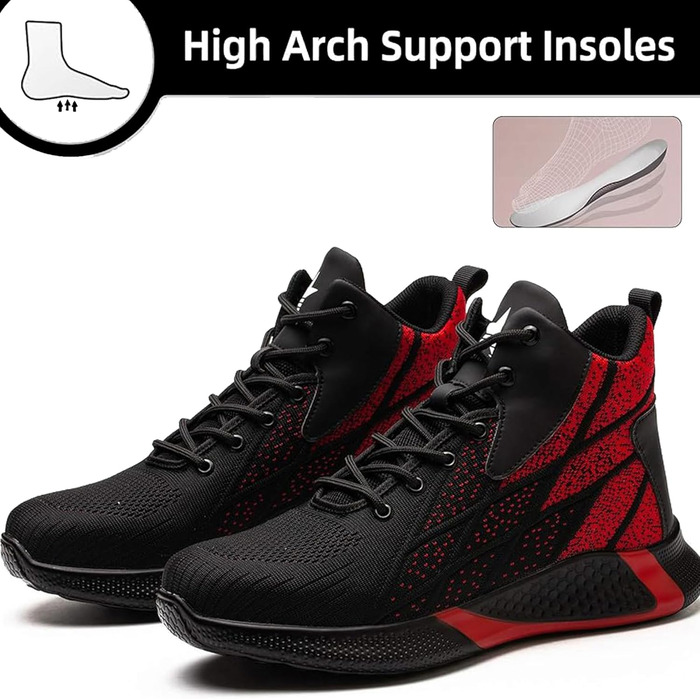 Черевики безпеки легкі чоловічі/жіночі, робоче взуття, високі, зі сталевим носком, дихаючі, антиковзаючі, 35-48 EU (35 EU, Червоний)