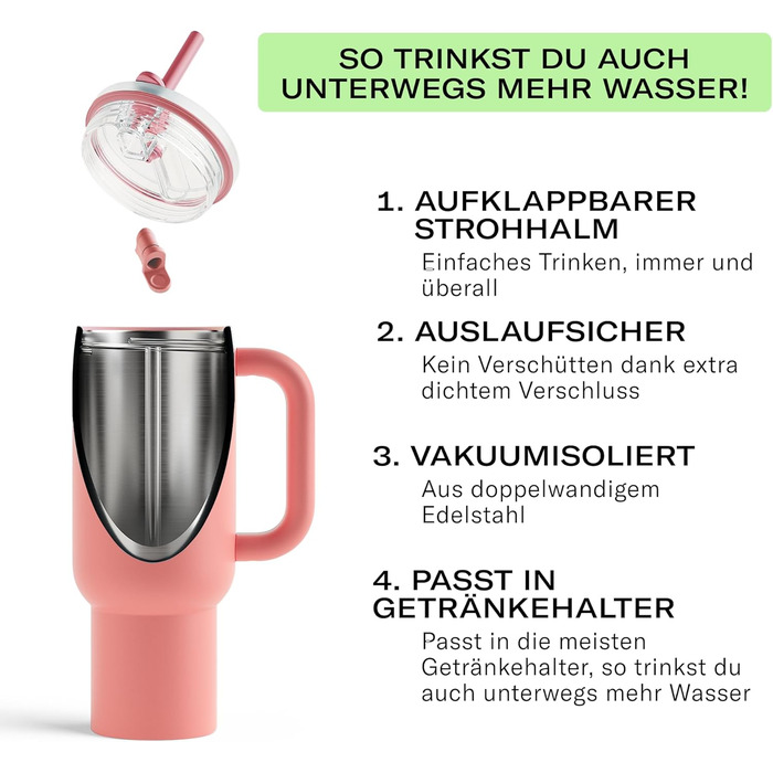 Waterdrop Thermobecher 1.1L Insulated Stainless Steel Tumbler with Straw - Leakproof, Durable, Keeps Drinks Cold for 12 Hours