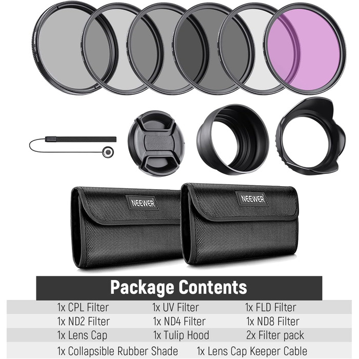 Набір фільтрів для об'єктива NEEWER 52mm: UV, CPL, FLD, ND2, ND4, ND8, бленда та кришка об'єктива. Сумісний з камерами Canon, Nikon, Sony, Panasonic DSLR з об'єктивом 52mm