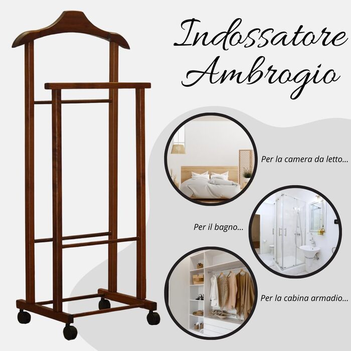 Tomaino - Valet's Bedroom in Wood - Clothes Rack with Wheels Ambrogio - Modern Valet for Clothing and Accessories (Walnut)