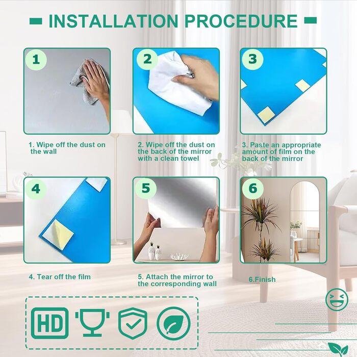 4 самоклеючі настінні дзеркала, акрил, небрудливі, великі, декоративні для ванної кімнати, спальні, 30 см x 30 см