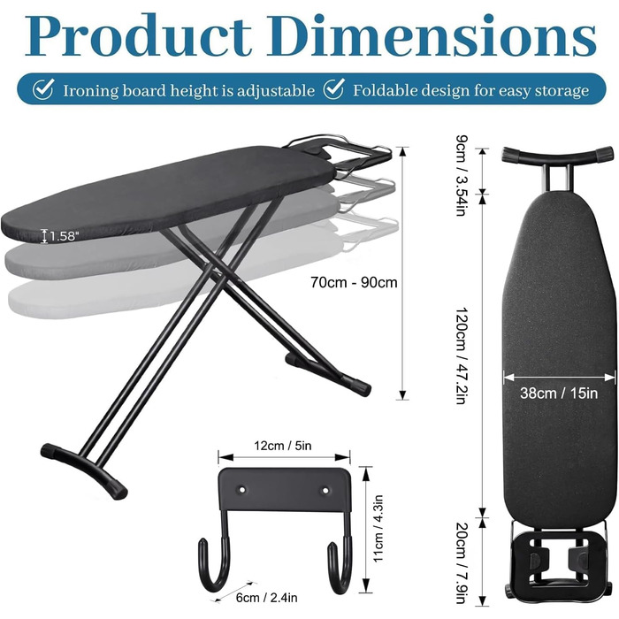 Гладильна дошка WUDLEP регульована по висоті, 140 x 38 см, розкладна, широка, з гачком, висота 70-90 см, з міцної сталі, підходить для більшості парогенераторів