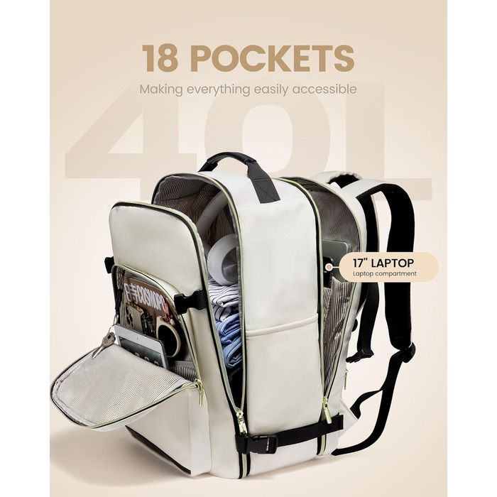 Рюкзак LOVEVOOK для ручної поклажі в літак, 40L, великий, для жінок, валіза-рюкзак, водонепроникний, для ноутбука 17 дюймів, для подорожей, бізнесу, роботи, відпочинку, хайкінгу, weekend (M, Бежевий+чорний)