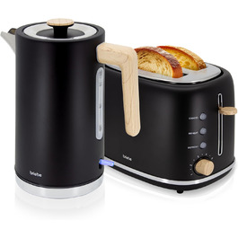 Тостер Briebe Nordic Set з широкими слотами та підставою для бургерів, 6 режимів підсмажування + Електричний чайник 1,7л, 2200W, чорний, набір для сніданку