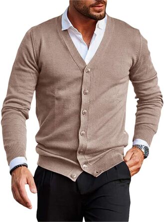 Чоловічий в'язаний кардиган Runcati без коміра V-подібний виріз, легкий, на весняно-осінній сезон (Хакі, XXL)