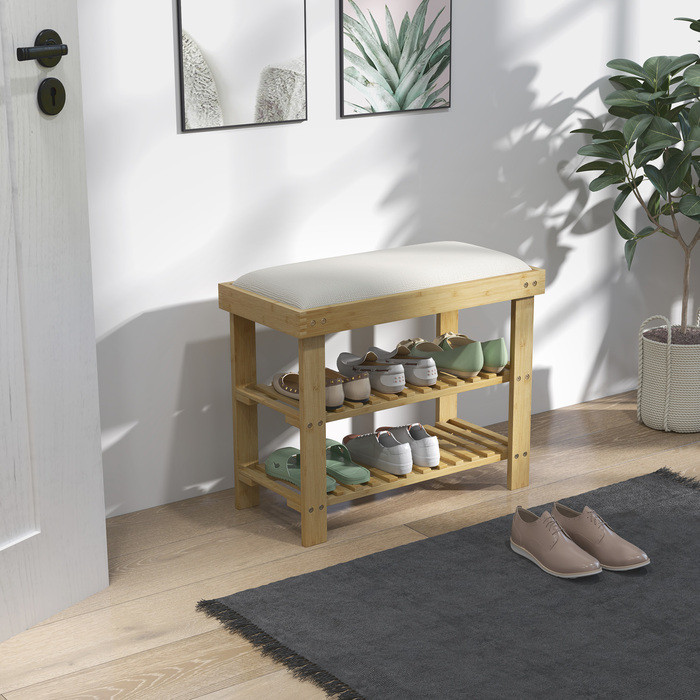 HOMCOM Shoe Cabinet with Seat, Bamboo Bench with Storage, Shoe Rack with 2 Open Compartments, Bench, Bank, Coat Room Bench for Living Room, Hallway, 60 x 29 x 49 cm Cream White | Aosom