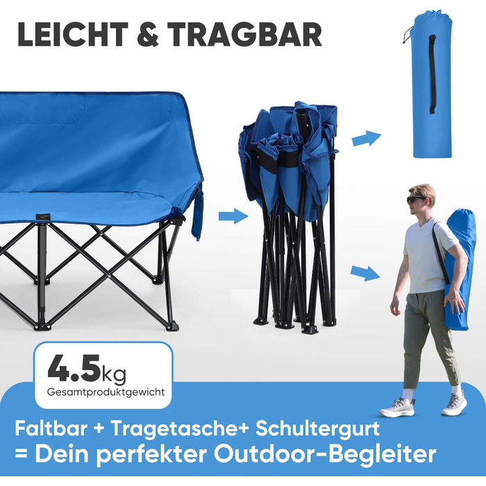 Складане крісло-диван для кемпінгу на 2 особи - переносна модель з підлокітниками та сумкою, блакитний, 110 см. Ідеально для пікніків, кемпінгу, саду, балкону, риболовлі та відпочинку на природі.