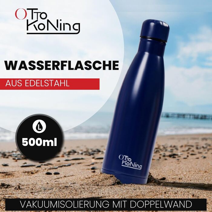 Термос-пляшка з нержавіючої сталі Otto Koning - двостінна вакуумна ізольована термопляшка. Зберігає напої холодними до 24 годин та гарячими до 12 годин. Безпечна, BPA-free (Морська синя, 500 мл)