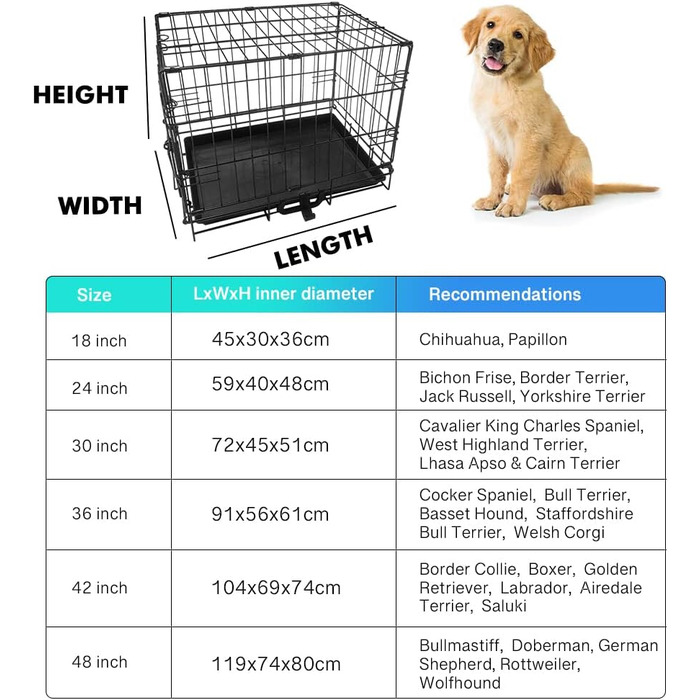 Клітка для собак 91 x 56 x 62 см, складана з 2 дверцятами, переноска для собак, автобокc для собак, з піддоном, дротяна клітка, переноска для собак, розмір L (117 x 64 x 86 см)