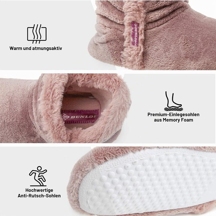 Жіночі зимові капці-чоботики DUNLOP з ефектом пам'яті (Memory Foam), плюшеві теплі та протиковзкі домашні та вуличні тапочки, ніжно-рожеві, розмір 40 EU