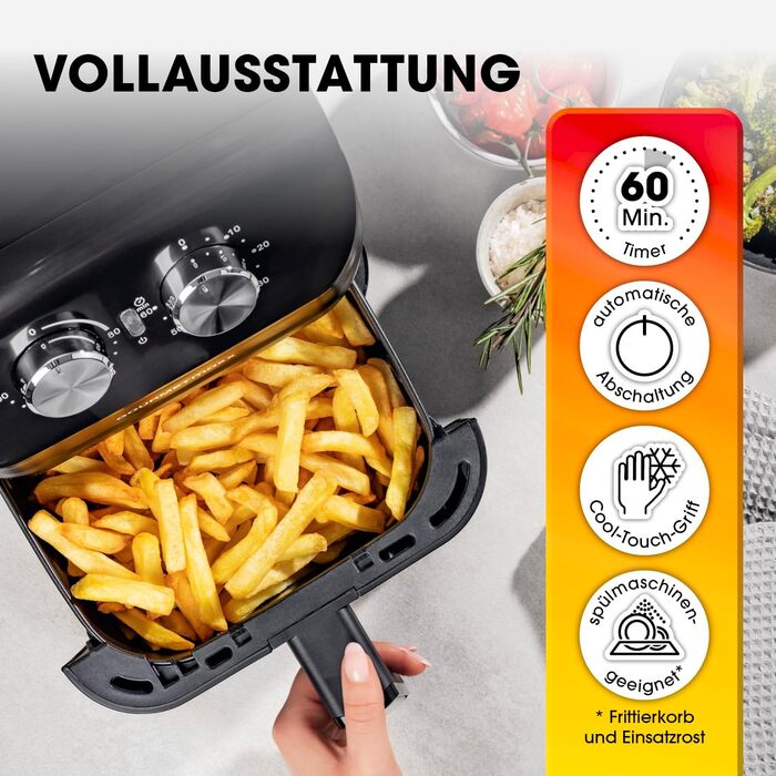 Gourmetmaxx Hot Air Fryer 4 L | Air Fryer with Timer Function & Stainless Steel Heating Element | Practical Preheating & Keep Warm Function | Low Odor, Energy-Saving & Virtually Oil-Free | 1400 W Matte Black 4 Liters