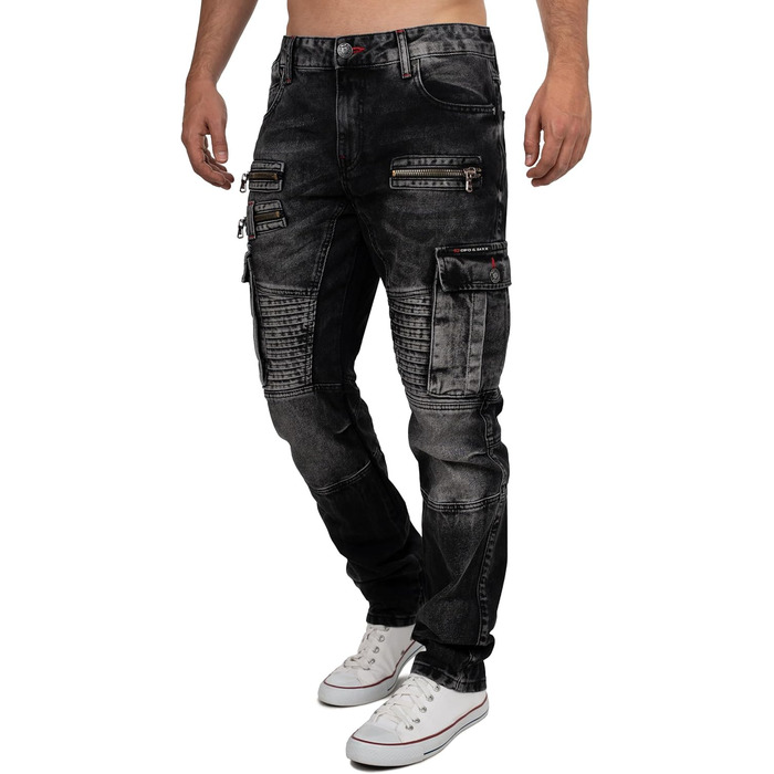 Чоловічі джинси Cipo & Baxx в стилі байкер – Regular Fit або Slim Fit | Чорний денім з потертостями, декоративними швами, блискавками та кишенями | Стильні повсякденні джинси з деніму (31W / 32L)